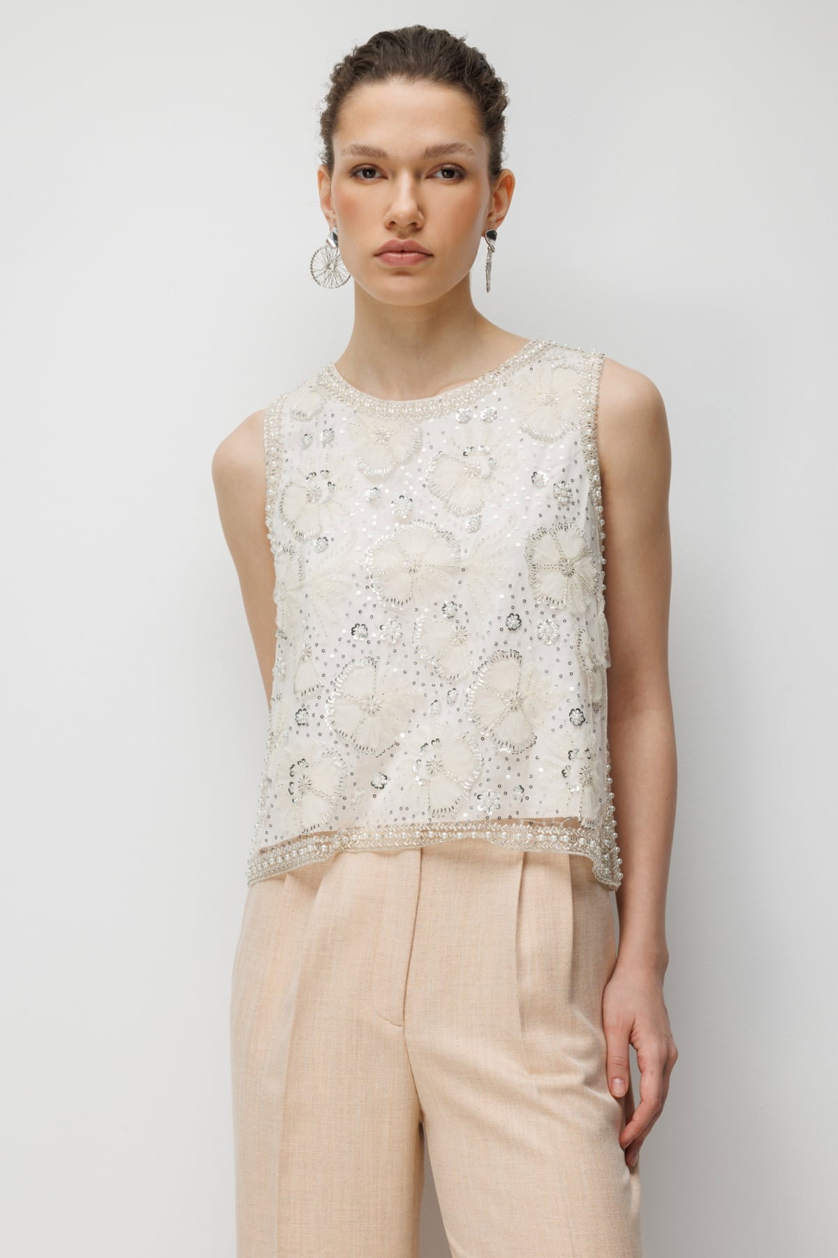 Ekol Kadın Pullu Taş İşlemeli Bluz 2856 Ekru - 2