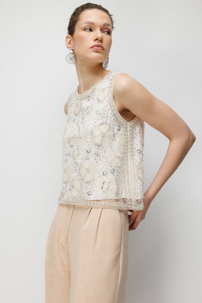 Ekol Kadın Pullu Taş İşlemeli Bluz 2856 Ekru - 3