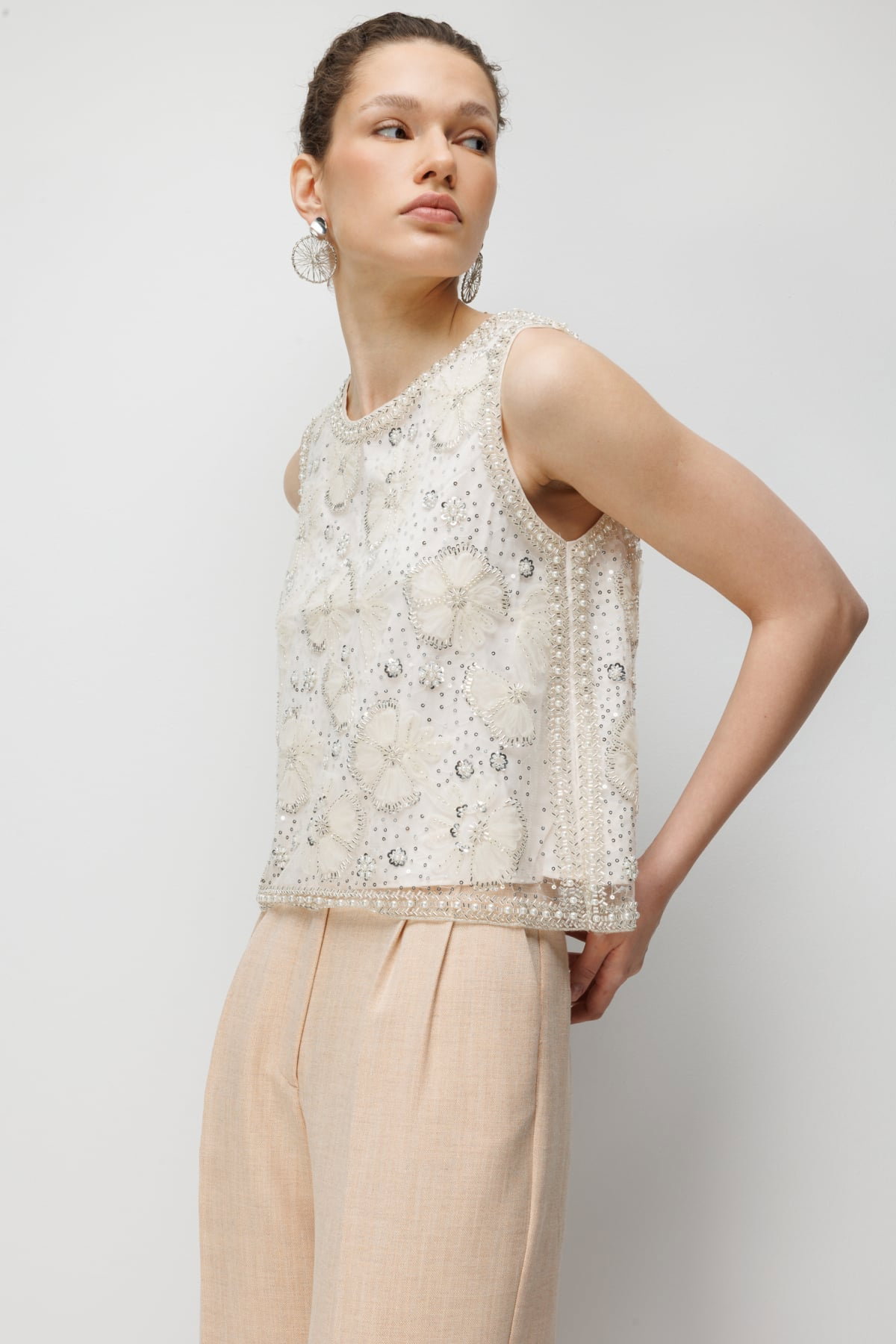 Ekol Kadın Pullu Taş İşlemeli Bluz 2856 Ekru - 3