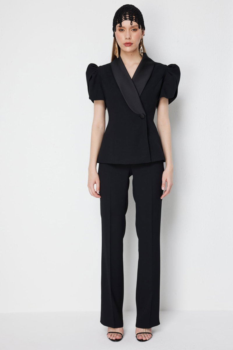 Ekol Kadın Saten Detaylı Balon Kollu Ceket 1156 Siyah - 3