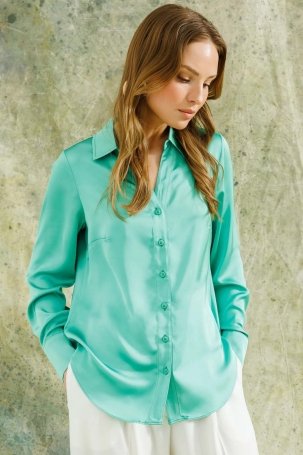 Ekol Kadın Saten Görünümlü Gömlek 1002 Yeşil 