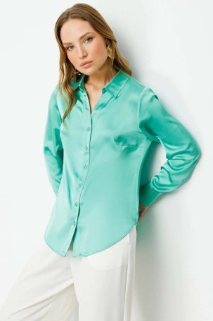 Ekol Kadın Saten Görünümlü Gömlek 1002 Yeşil - 2