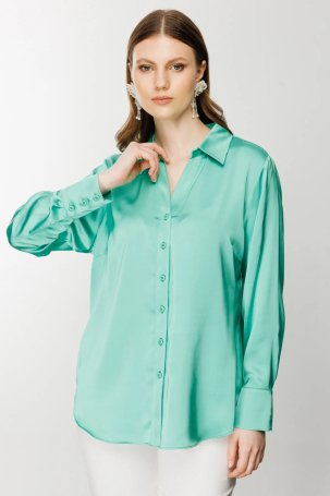 Ekol Kadın Saten Görünümlü Gömlek 1502 Yeşil - 1
