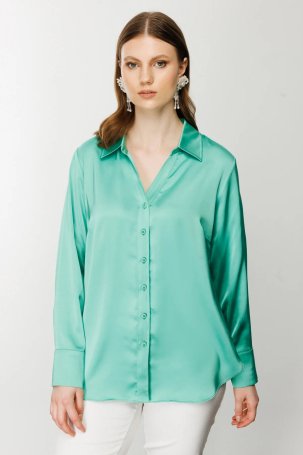 Ekol Kadın Saten Görünümlü Gömlek 1502 Yeşil - 2