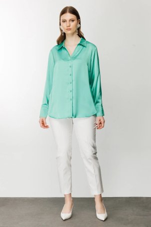 Ekol Kadın Saten Görünümlü Gömlek 1502 Yeşil - 3