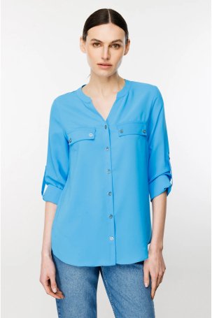 Ekol Kadın Sıfır Yaka Düğmeli Uzun Kollu Bluz 1034 Mavi - 2