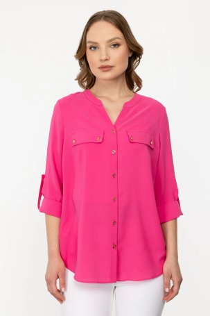 Ekol Kadın Sıfır Yaka Düğmeli Uzun Kollu Bluz 1034 Pink - 1