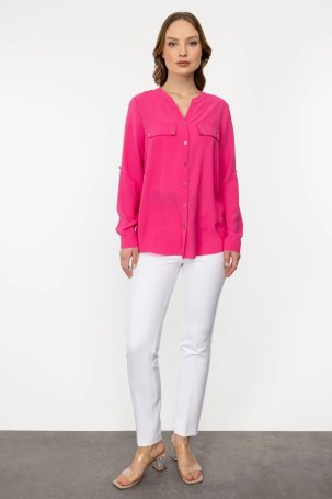Ekol Kadın Sıfır Yaka Düğmeli Uzun Kollu Bluz 1034 Pink - 2