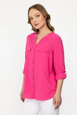 Ekol Kadın Sıfır Yaka Düğmeli Uzun Kollu Bluz 1034 Pink - 3