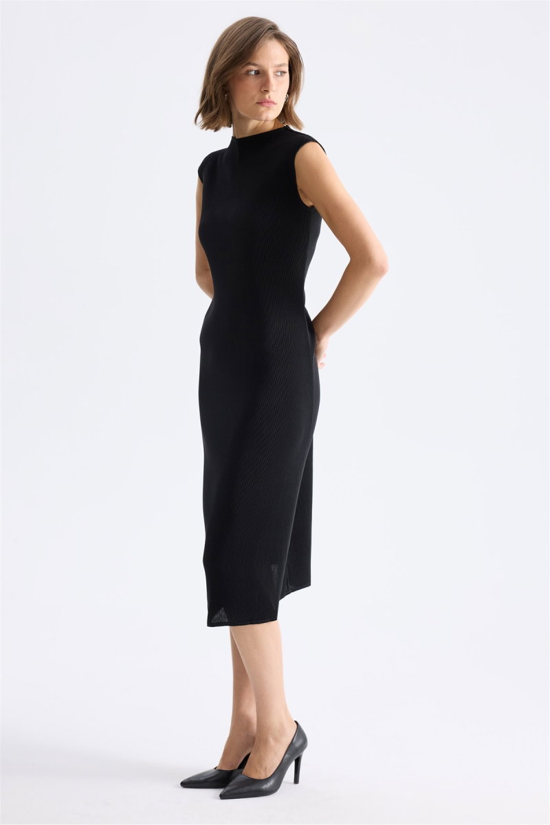 Ekol Kadın Sıfır Yaka Kolsuz Midi Elbise Siyah - 3