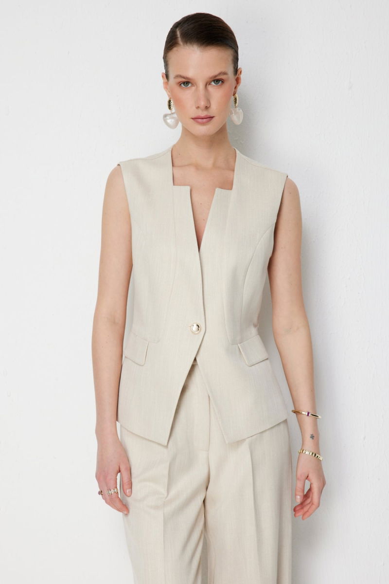 Ekol Kadın Simli Kumaş Süs Cep Detaylı Yelek 1072 Gold - Ekol