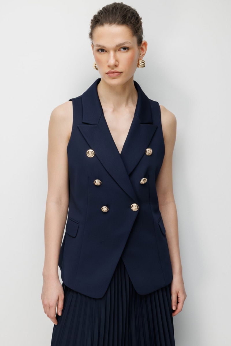 Ekol Kadın Süs Cep Detaylı Kruvaze Yelek 1062 Lacivert - Ekol