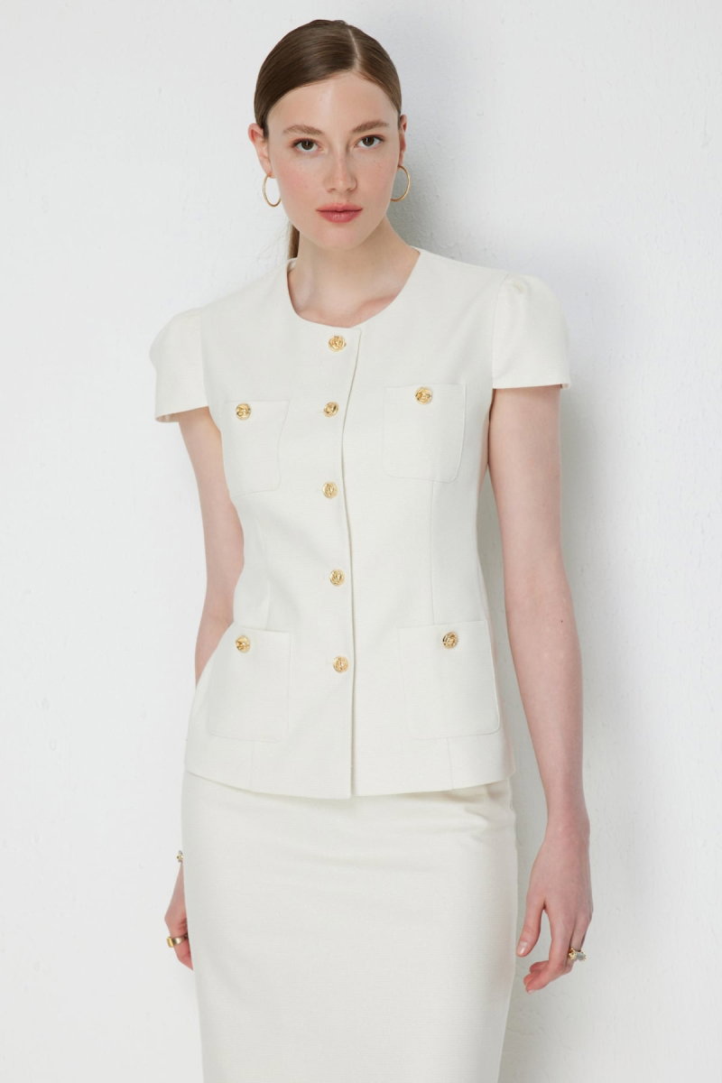 Ekol Kadın Süs Cepli Kısa Kollu Ceket 1038 Ekru - Ekol