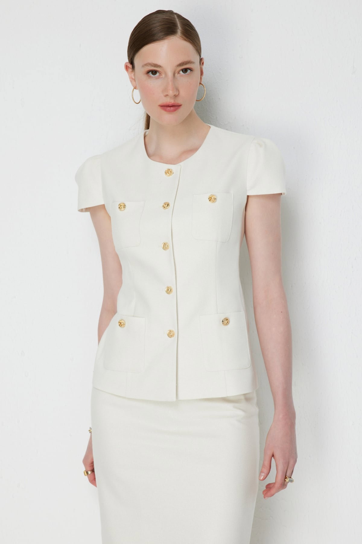 Ekol Kadın Süs Cepli Kısa Kollu Ceket 1038 Ekru - 1