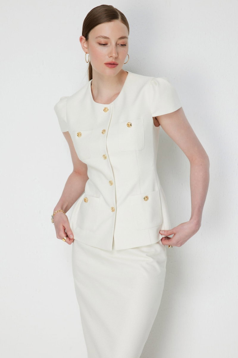 Ekol Kadın Süs Cepli Kısa Kollu Ceket 1038 Ekru - 2
