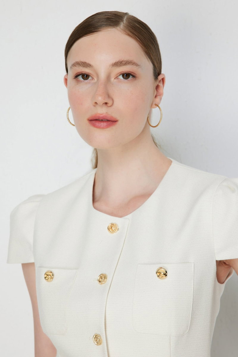 Ekol Kadın Süs Cepli Kısa Kollu Ceket 1038 Ekru - 3