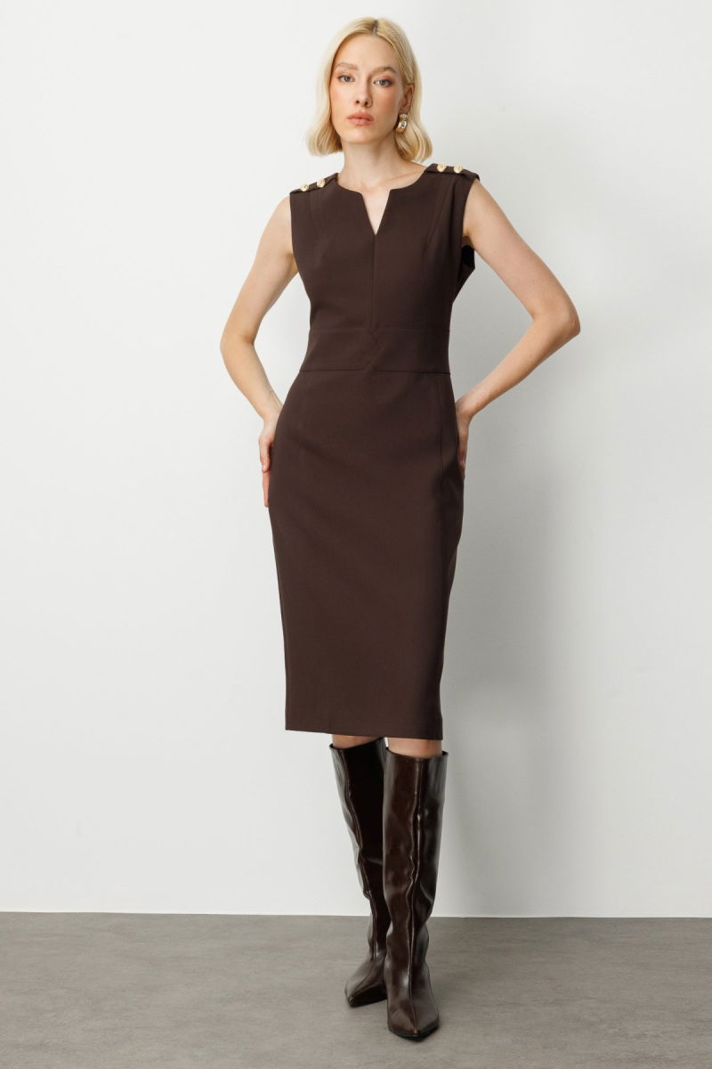 Ekol Kadın Süs Düğme Detaylı Kolsuz Elbise 4015 Kahverengi - Ekol