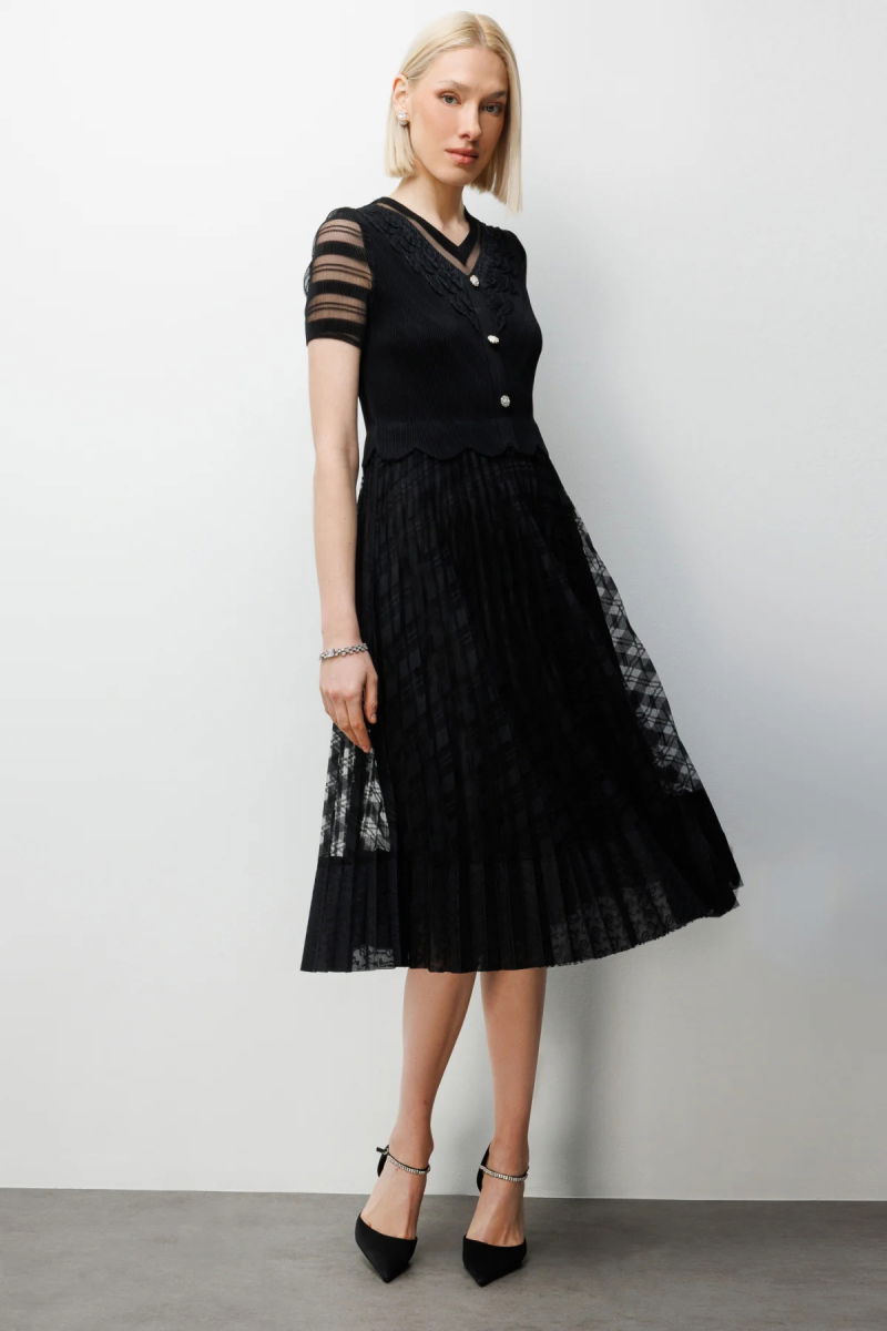 Ekol Kadın Süs Düğmeli Akordiyon Kumaş Elbise 6920 Siyah - Ekol