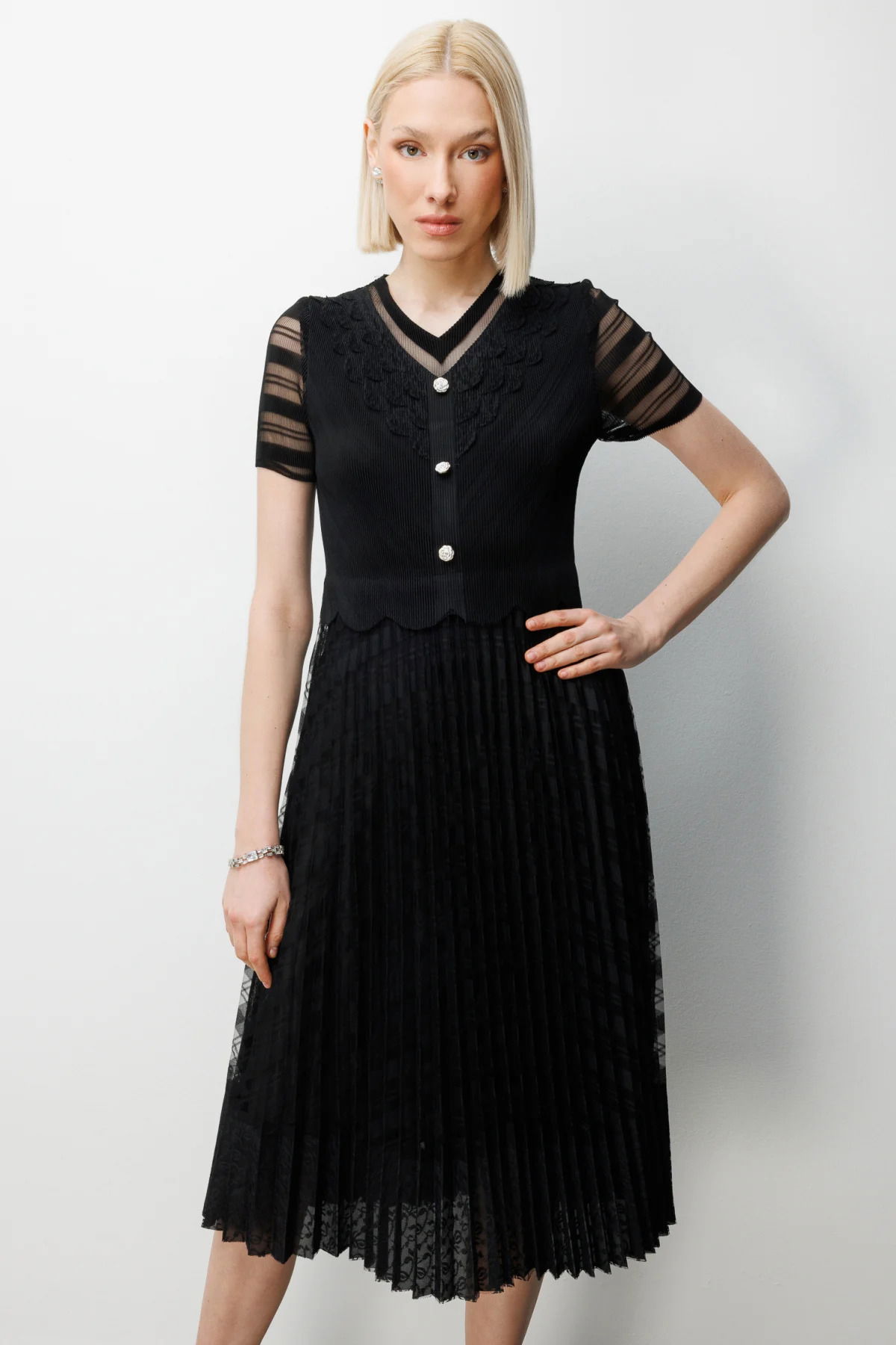 Ekol Kadın Süs Düğmeli Akordiyon Kumaş Elbise 6920 Siyah - 2