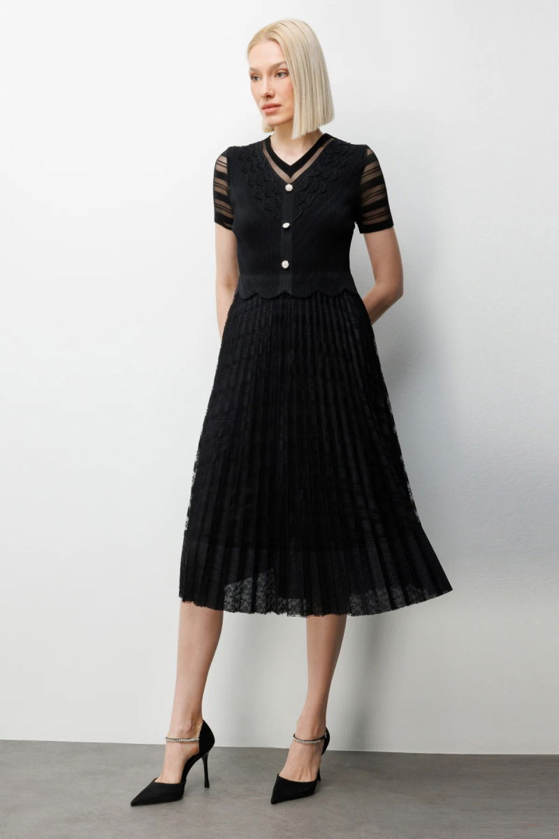 Ekol Kadın Süs Düğmeli Akordiyon Kumaş Elbise 6920 Siyah - 3