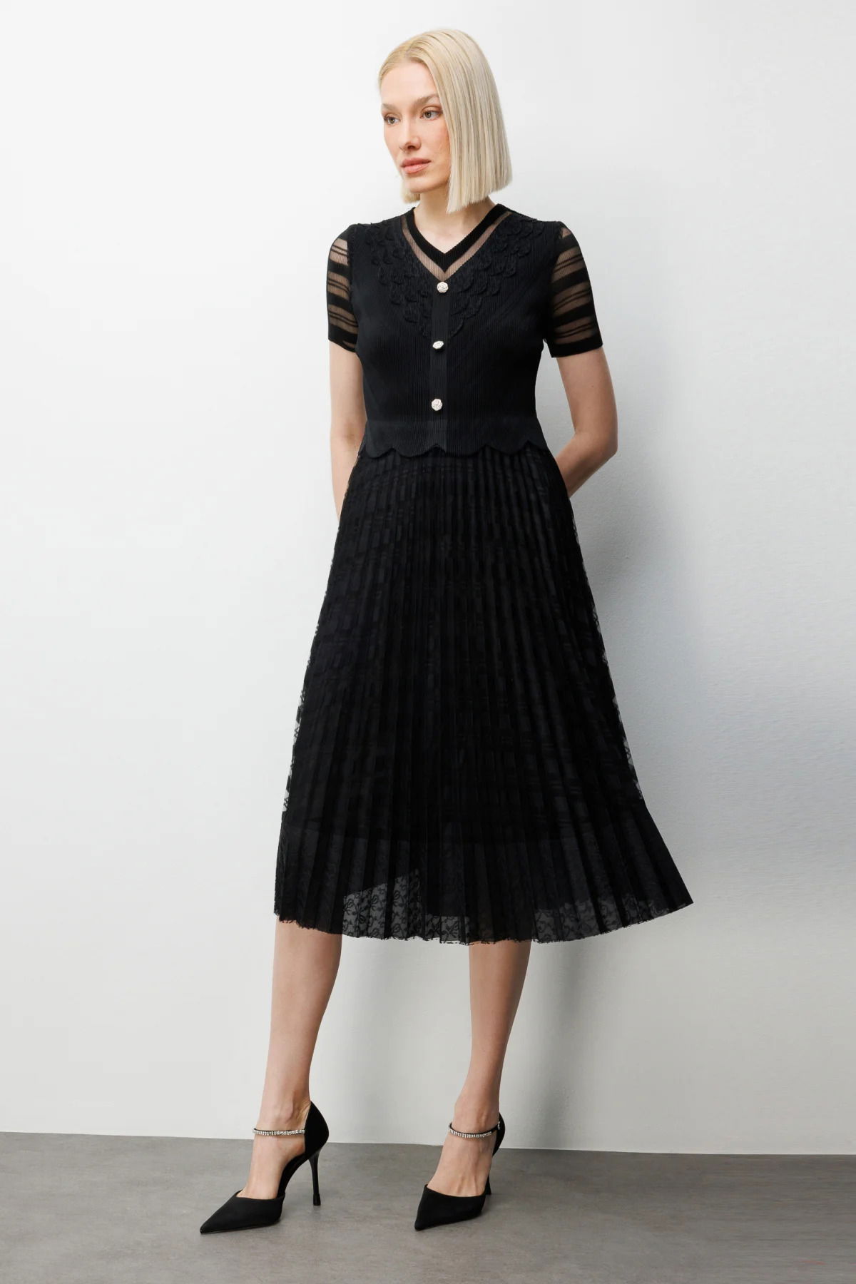 Ekol Kadın Süs Düğmeli Akordiyon Kumaş Elbise 6920 Siyah - 3