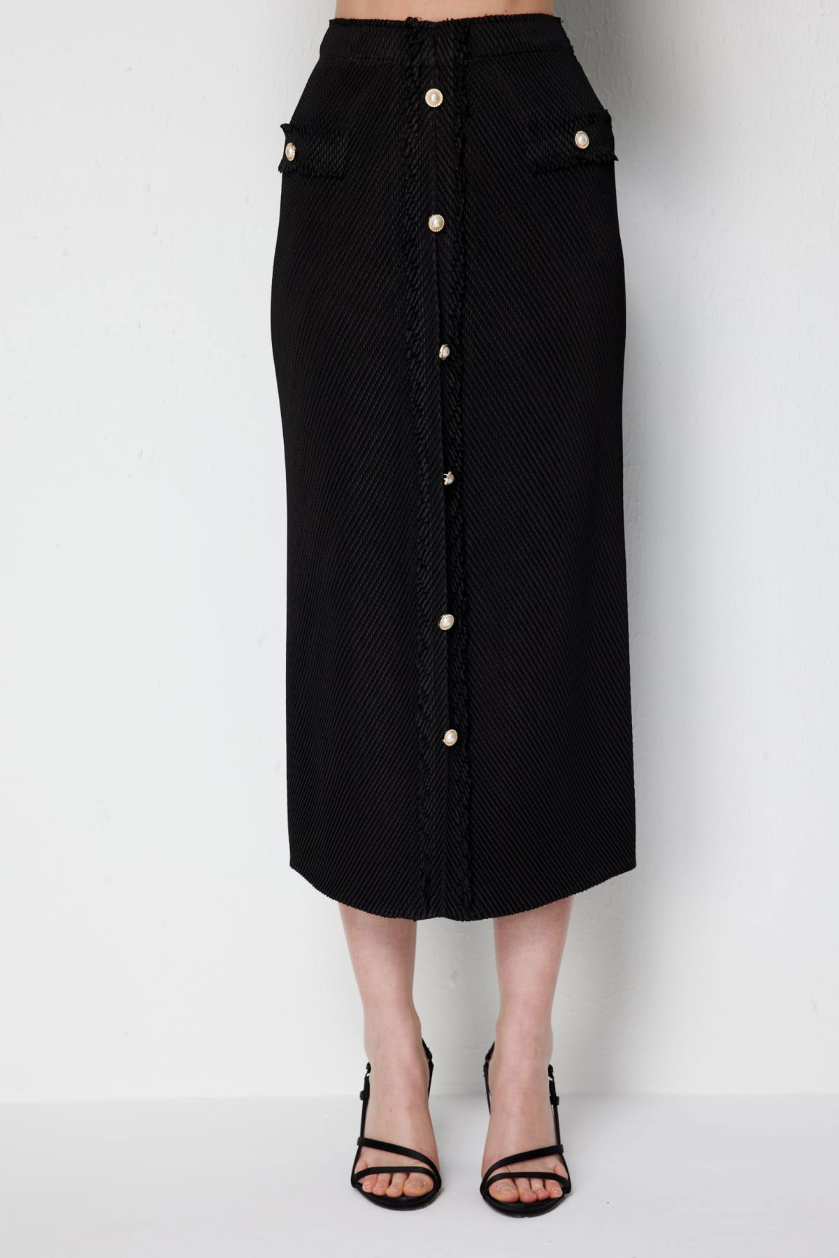 Ekol Kadın Süs Düğmeli Akordiyon Kumaş Midi Etek 2408 Siyah - 3