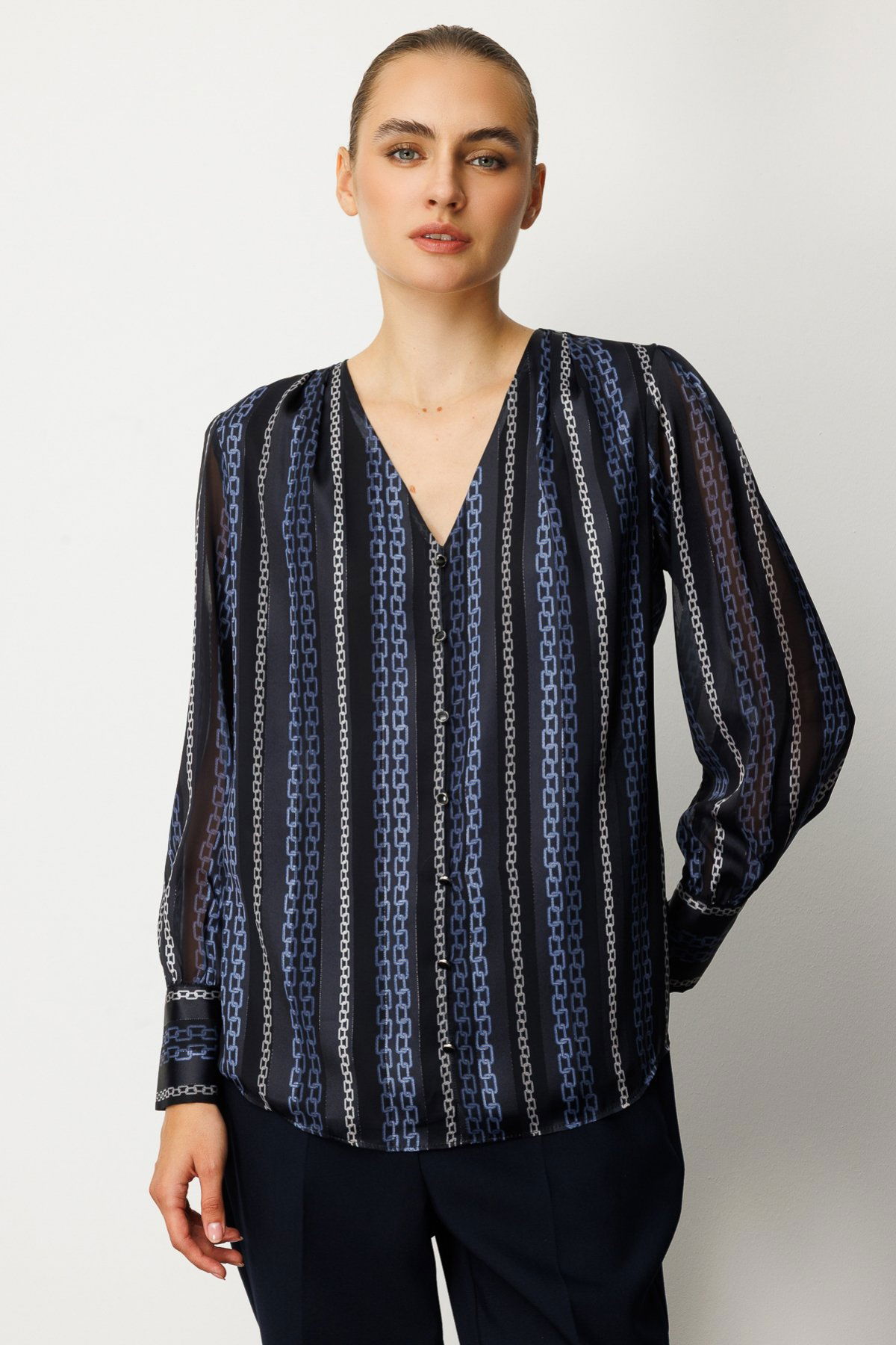 Ekol Kadın Süs Düğmeli Desenli Bluz 3063 Lacivert - 1