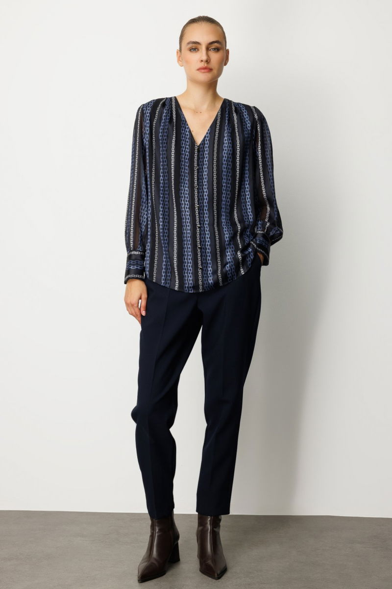 Ekol Kadın Süs Düğmeli Desenli Bluz 3063 Lacivert - 3