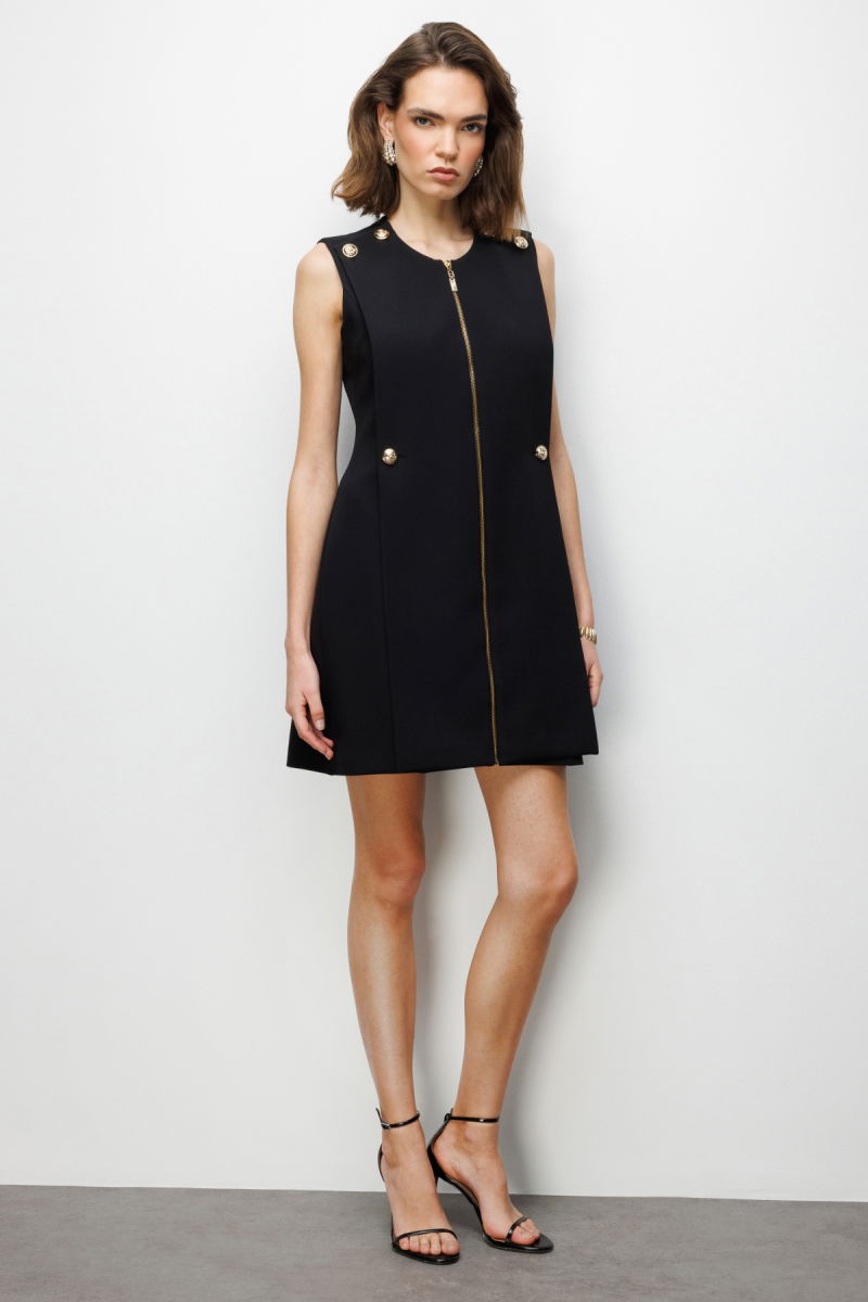 Ekol Kadın Süs Düğmeli Fermuarlı Midi Elbise 6004 Siyah - 2