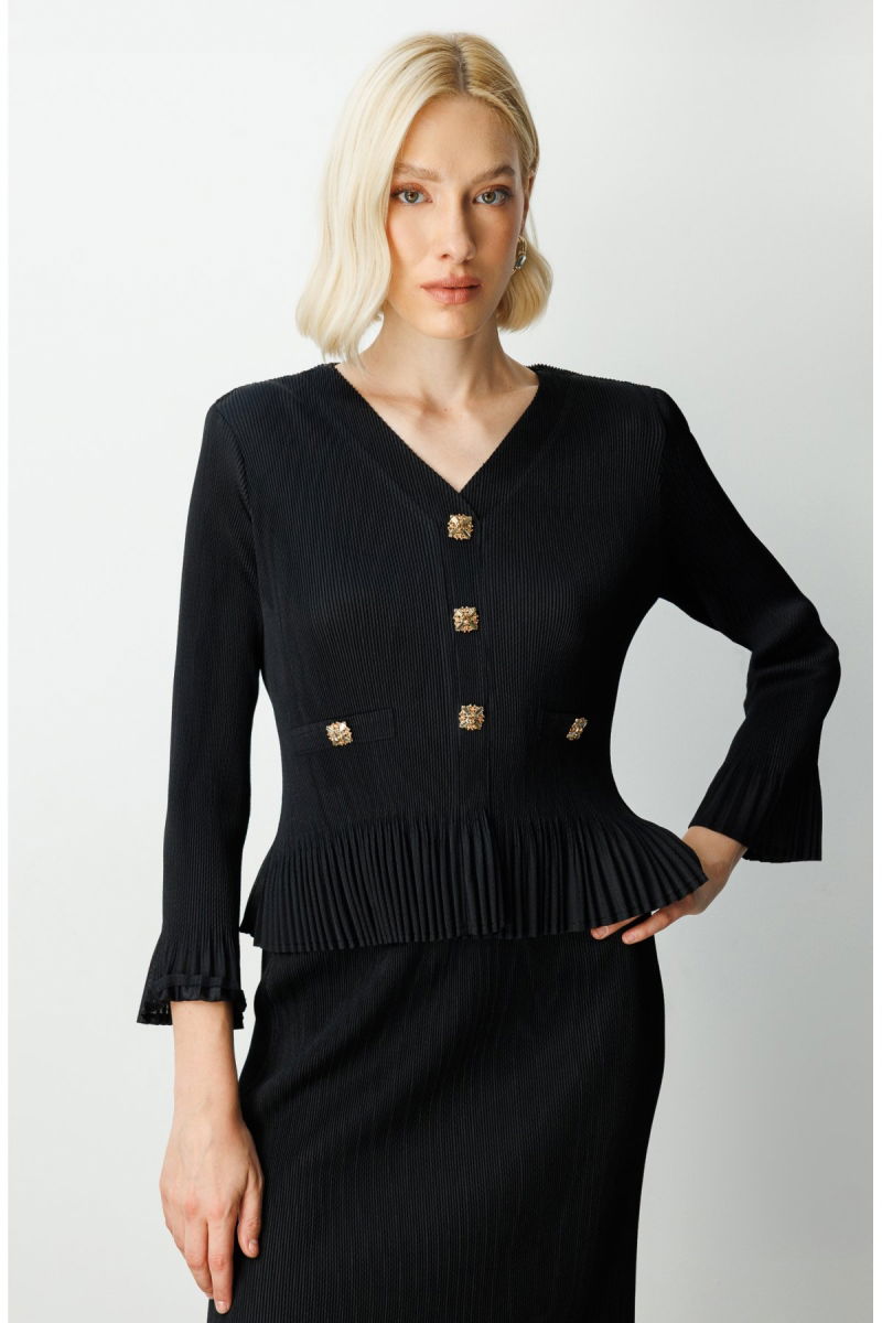 Ekol Kadın Süs Düğmeli Piliseli Bluz 3913 Siyah - Ekol