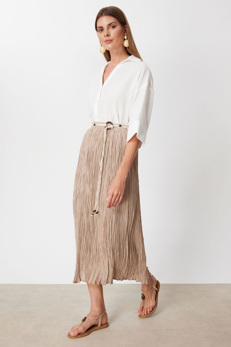 Ekol Kadın Süs Kemerli Pamuklu Maxi Etek 3908 Kum - 2