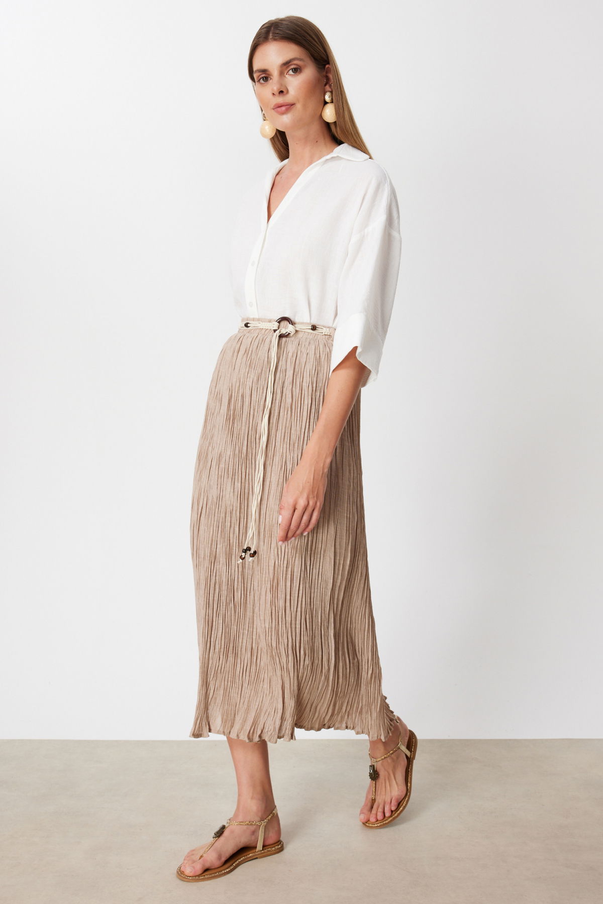 Ekol Kadın Süs Kemerli Pamuklu Maxi Etek 3908 Kum - 2