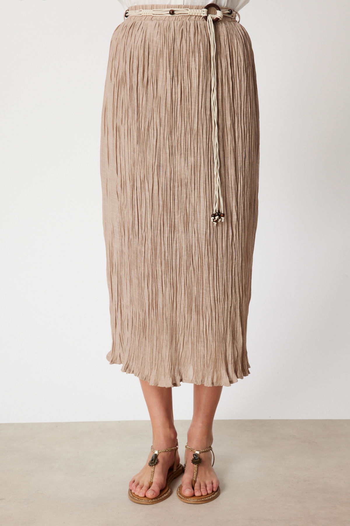 Ekol Kadın Süs Kemerli Pamuklu Maxi Etek 3908 Kum - 3