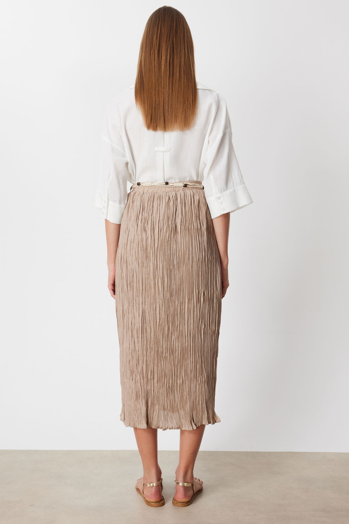 Ekol Kadın Süs Kemerli Pamuklu Maxi Etek 3908 Kum - 4