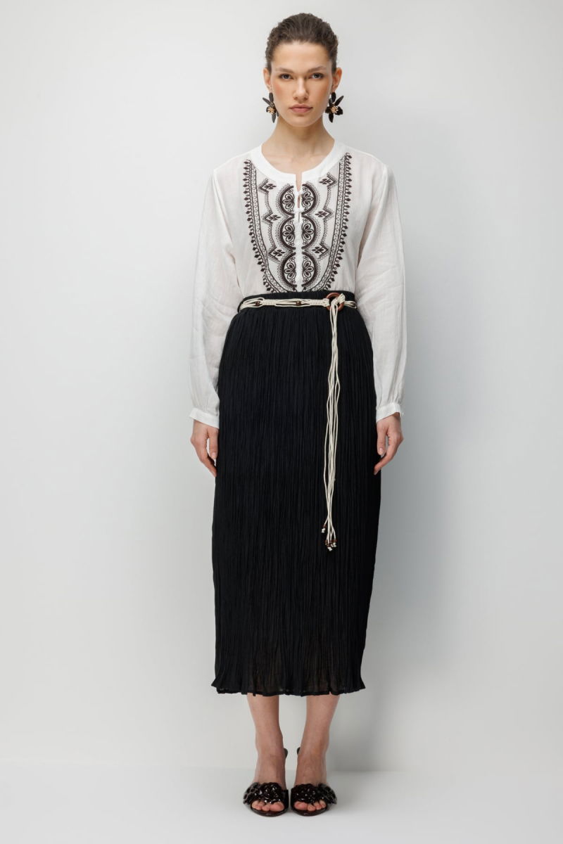 Ekol Kadın Süs Kemerli Pamuklu Maxi Etek 3908 Siyah - Ekol