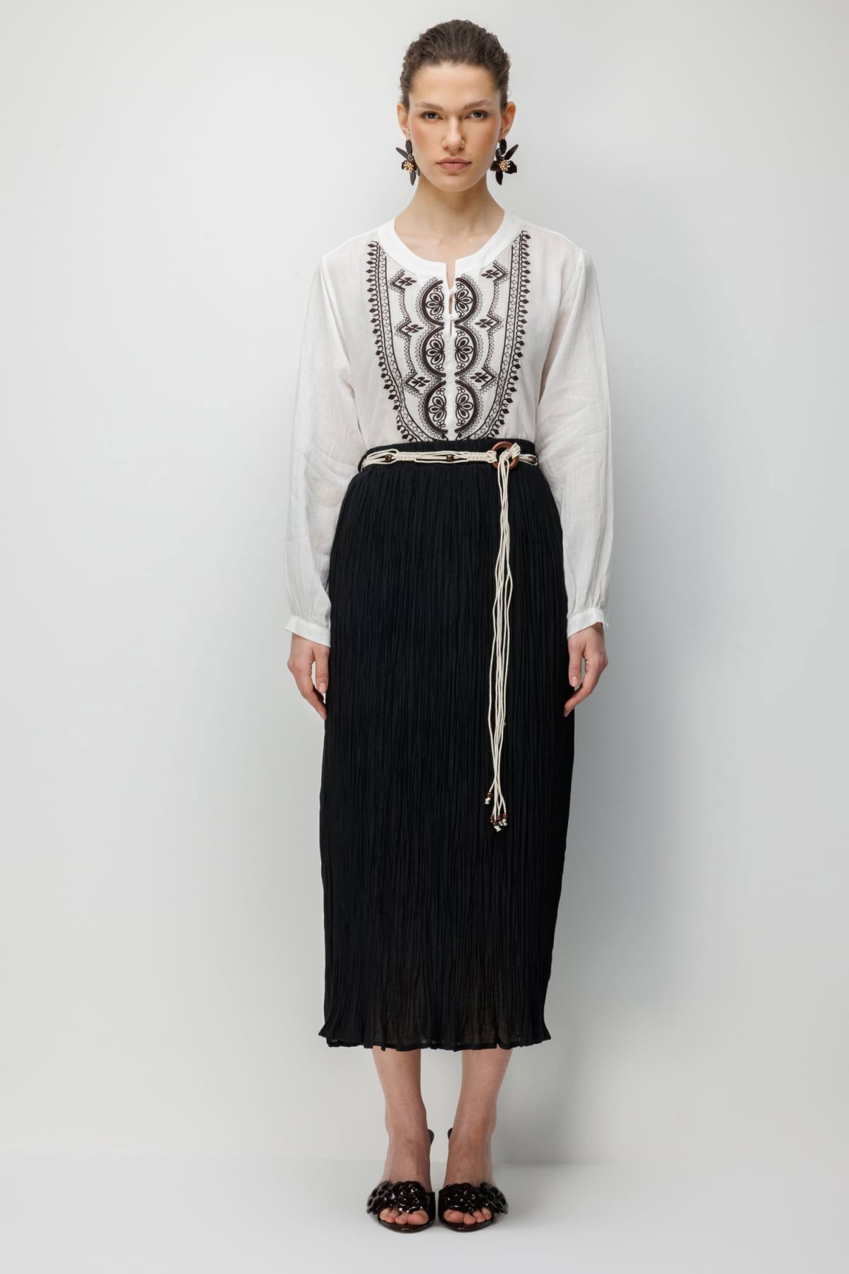 Ekol Kadın Süs Kemerli Pamuklu Maxi Etek 3908 Siyah - 1