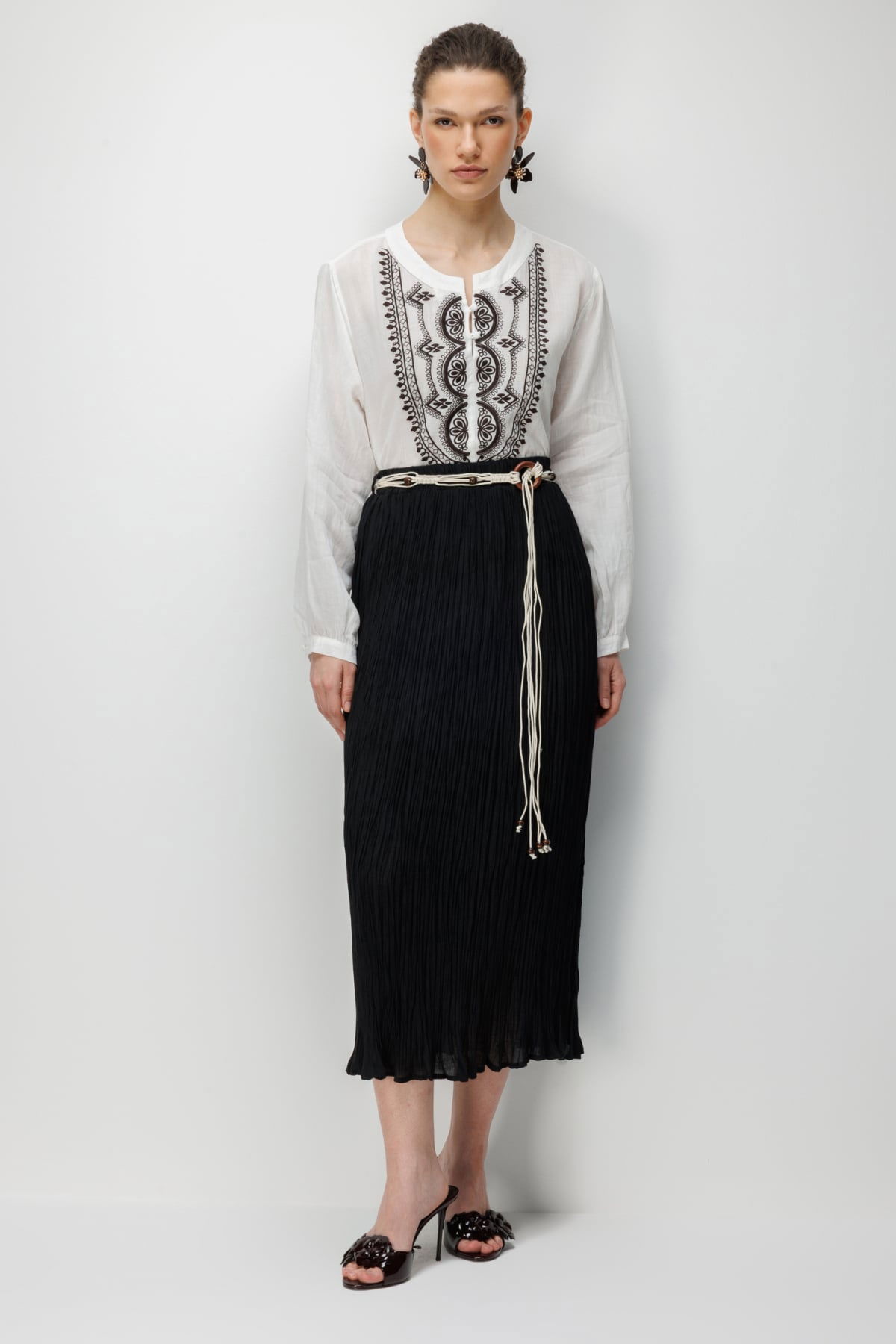 Ekol Kadın Süs Kemerli Pamuklu Maxi Etek 3908 Siyah - 2