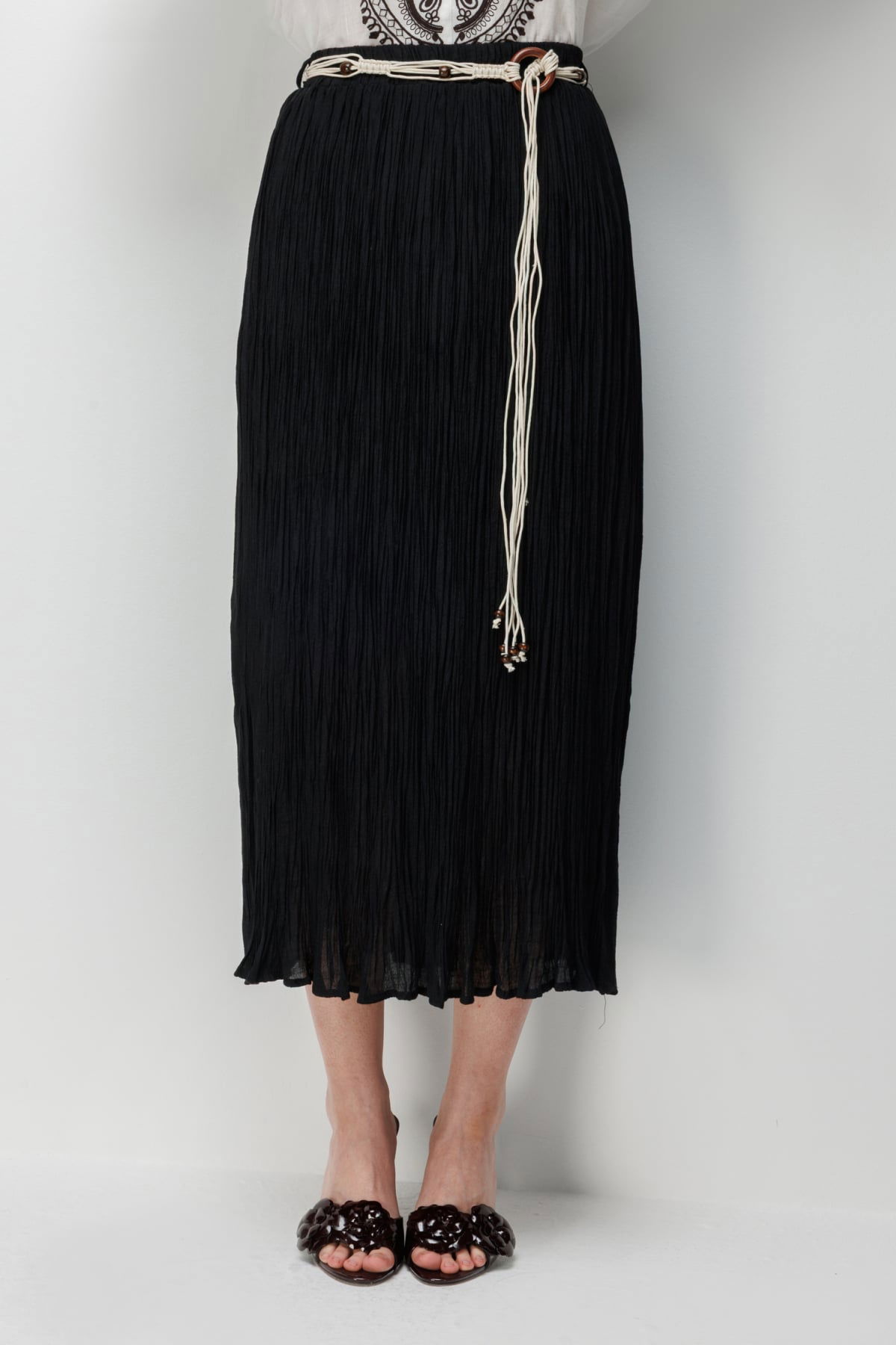 Ekol Kadın Süs Kemerli Pamuklu Maxi Etek 3908 Siyah - 3