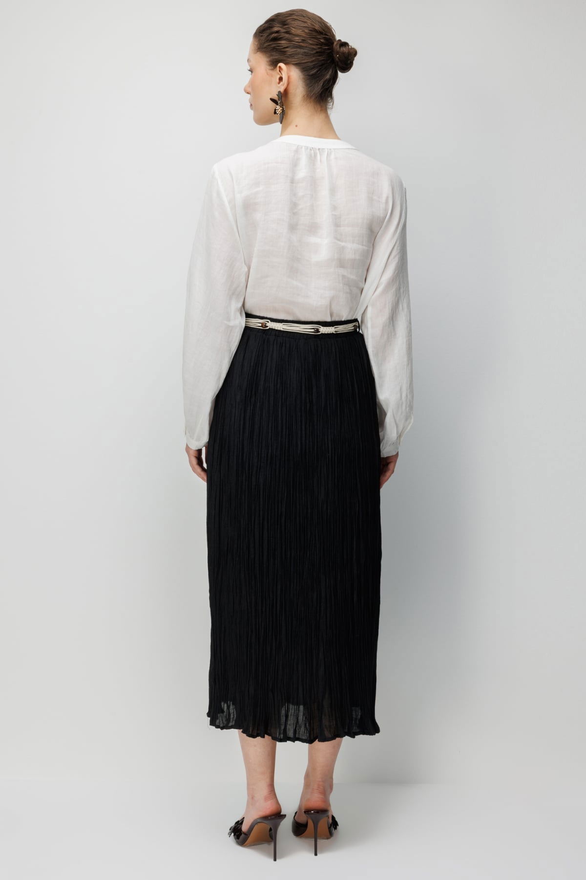 Ekol Kadın Süs Kemerli Pamuklu Maxi Etek 3908 Siyah - 4