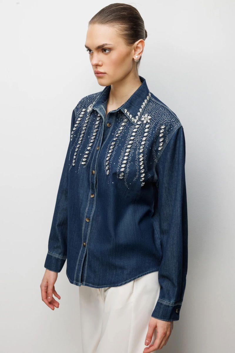 Ekol Kadın Taş İşlemeli Denim Görünümlü Gömlek 2910 Indigo - 2