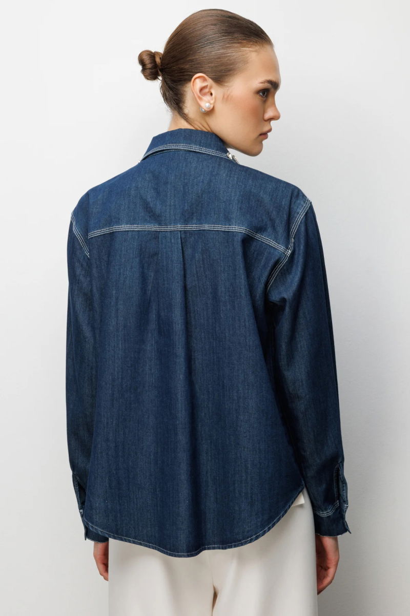 Ekol Kadın Taş İşlemeli Denim Görünümlü Gömlek 2910 Indigo - 4
