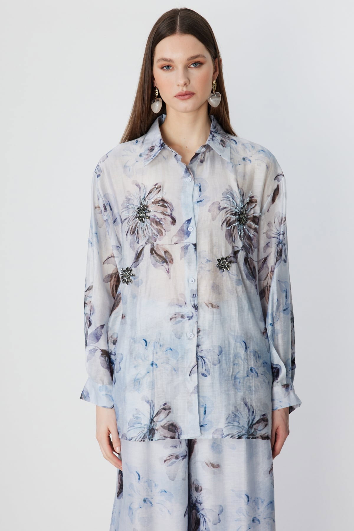 Ekol Kadın Taş İşlemeli Desenli Gömlek 2906 Blue - 1