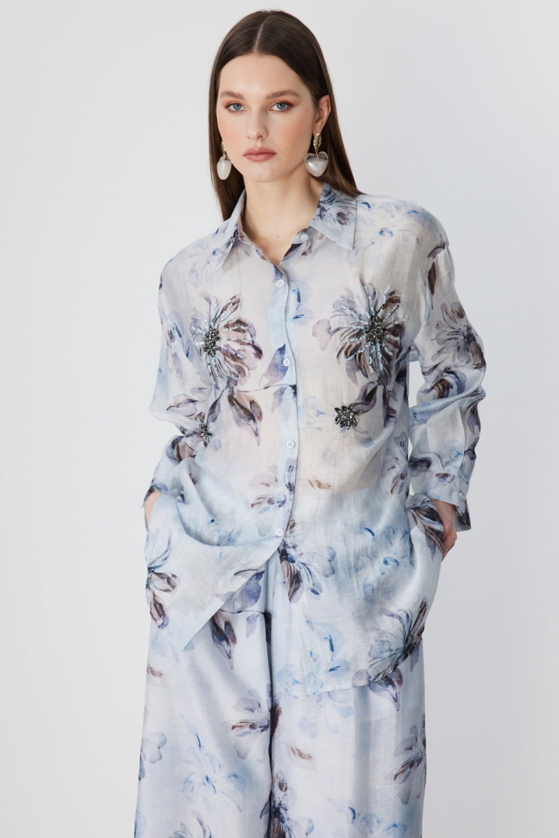 Ekol Kadın Taş İşlemeli Desenli Gömlek 2906 Blue - 2