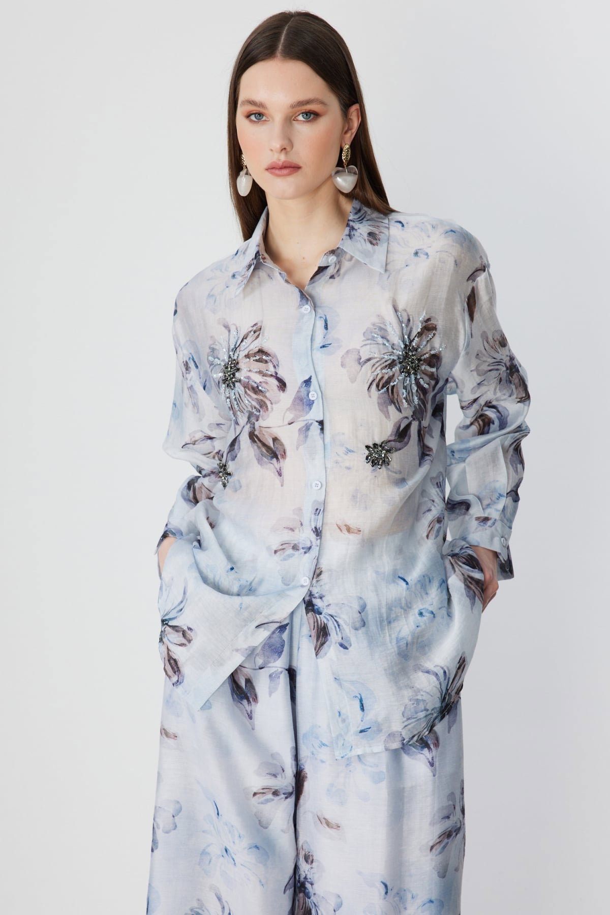 Ekol Kadın Taş İşlemeli Desenli Gömlek 2906 Blue - 2