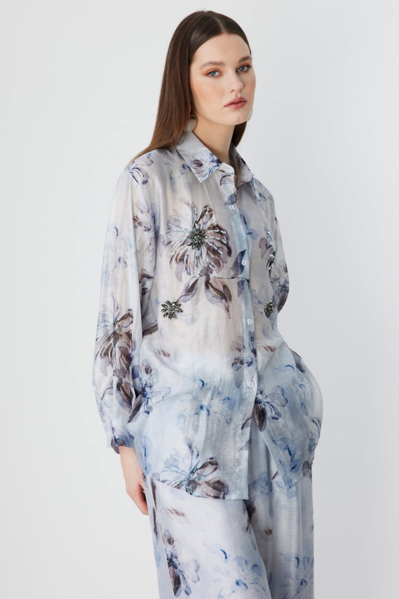 Ekol Kadın Taş İşlemeli Desenli Gömlek 2906 Blue - 3