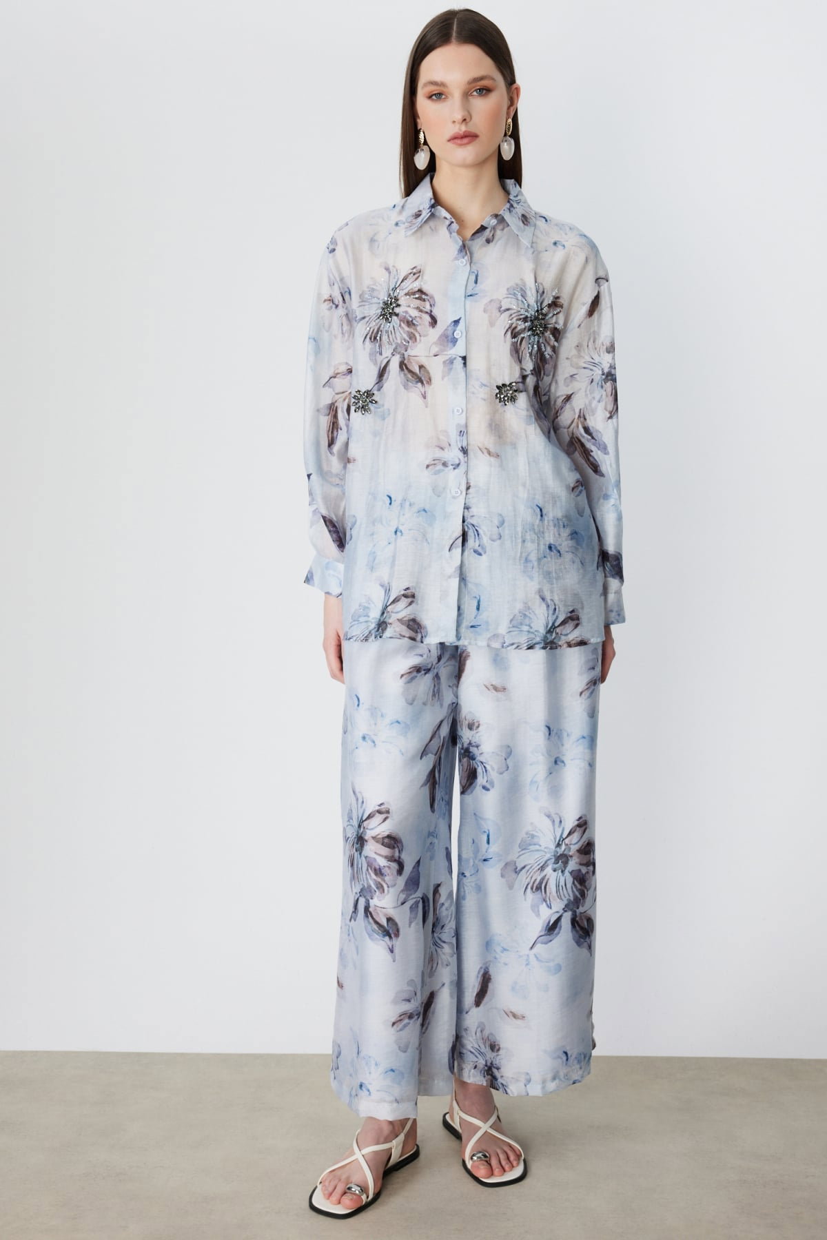 Ekol Kadın Taş İşlemeli Desenli Gömlek 2906 Blue - 4