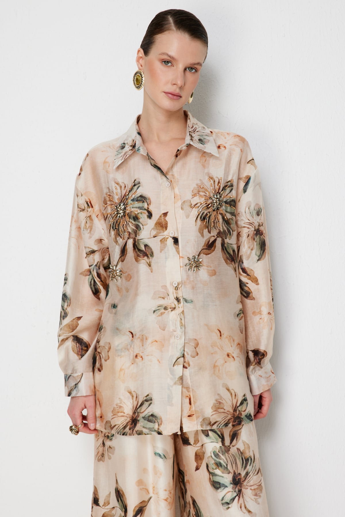 Ekol Kadın Taş İşlemeli Desenli Gömlek 2906 Naturel - 1