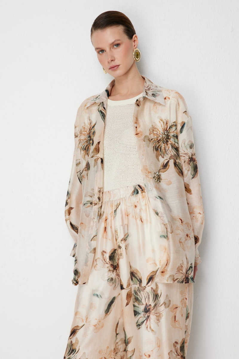 Ekol Kadın Taş İşlemeli Desenli Gömlek 2906 Naturel - 2