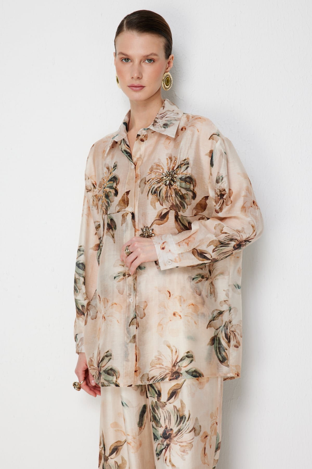 Ekol Kadın Taş İşlemeli Desenli Gömlek 2906 Naturel - 3