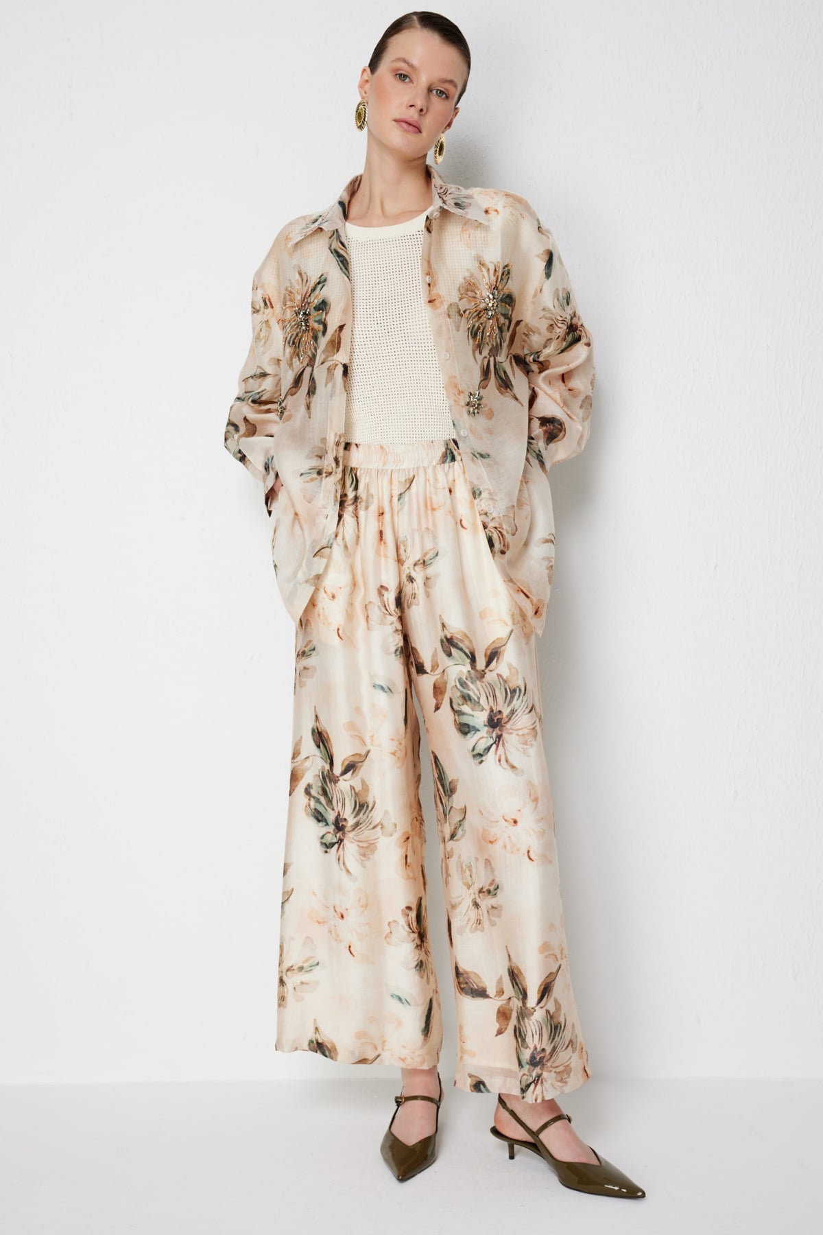 Ekol Kadın Taş İşlemeli Desenli Gömlek 2906 Naturel - 4